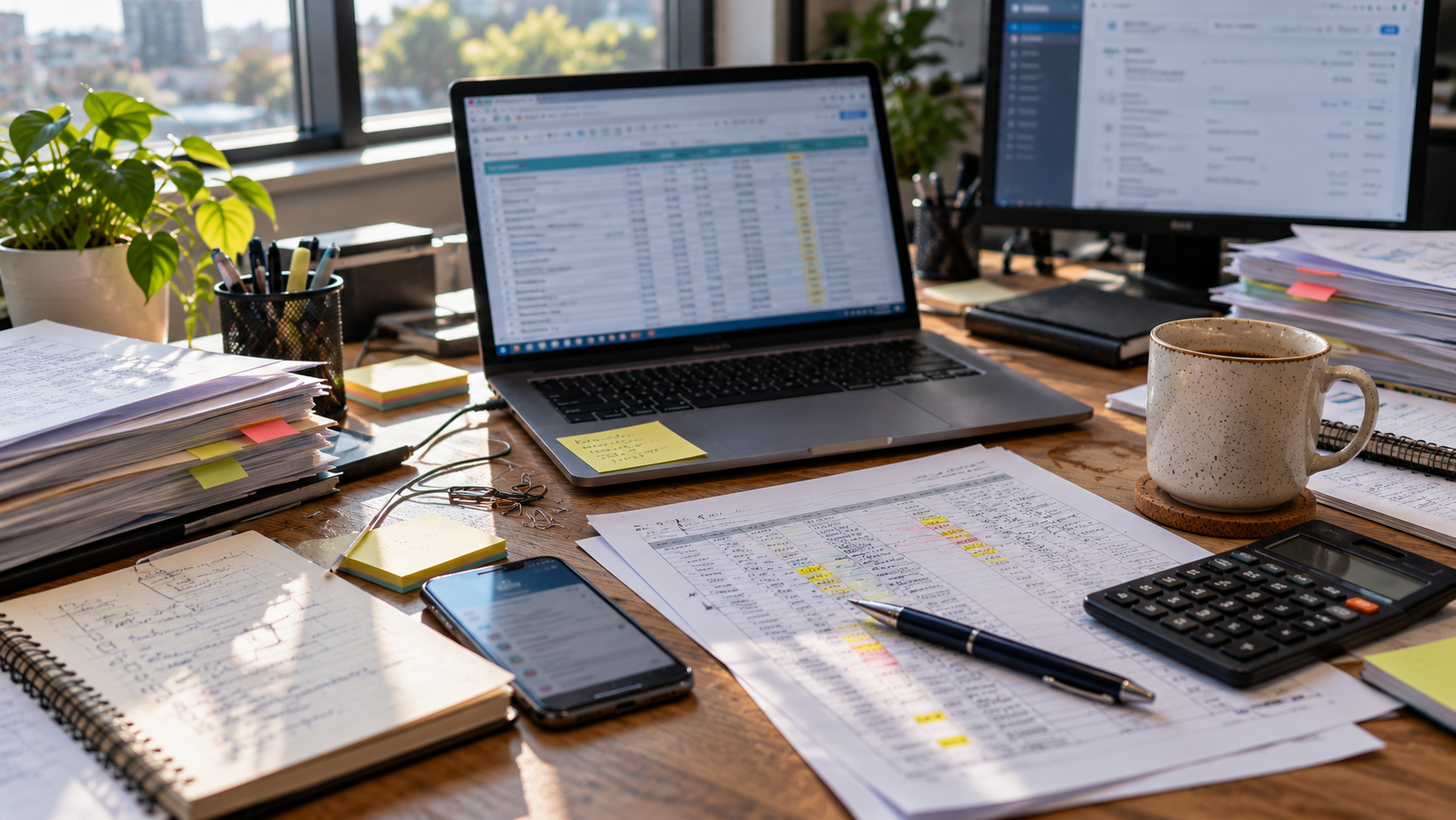 Spreadsheets and printed reports on a desk